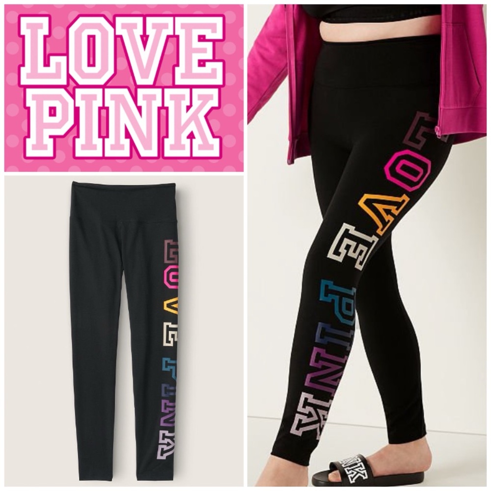 NWT Victoria’s Secret Pink Black High Waist Logo Full Length Leggings Size Large